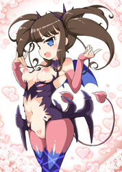 blue_eyes breasts bridal_gauntlets brown_hair demon_girl demon_tail female gradient_background heart_background kurosu_aroma long_hair navel nipples pantyhose pripara pussy revealing_clothes solo succubus tail tattoo uncensored wings zootan