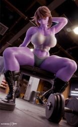 3d_(artwork) anthro big_breasts bodily_fluids breasts brown_hair clothing deltarune detailed_background digital_media_(artwork) dumbbell female footwear foxventus front_view genital_fluids hair hi_res inside looking_at_viewer navel purple_body pussy scalie shirt shoes sitting solo spread_legs spreading susie_(deltarune) topwear undertale_(series) vaginal_fluids weights