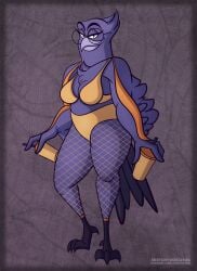 2024 2d 2d_(artwork) 2d_artwork anthro avian beak big_breasts bikini bikini_bottom bikini_top bird bird_girl blue_eyes breasts digital_art digital_drawing_(artwork) digital_media_(artwork) doom_(the_bad_guys) dreamworks dreamworks_animation female fishnet fishnet_legwear fishnets furry furry_female glasses leggings purple_areola purple_feathers raven raven_(bird) simple_background sketchybug solo swimsuit tagme the_bad_guys the_bad_guys_2 wings