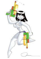 barefoot black_hair breasts female nipples nipples_visible_through_clothing paul_taylor sharp_teeth short_hair smile solo solo_female solo_focus squirt_gun teeth teeth_visible wapsi_square webcomic webcomic_character wet_shirt white_background yellow_eyes