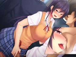 blush breast_press breasts censored dutch_angle embarrassed female game_cg handjob highres huge_breasts legs licking long_hair mosaic_censoring open_mouth ore_no_nioi_wa_hatsujou_switch penis purple_hair red_eyes saliva school_uniform skirt standing sweat thighs tomohiro_kai tongue train train_interior unzipped