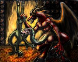 2008 anthro blue_eyes bondage bondage bound demon dragon drooling forced fugueraven green_scales head_grab hooves open_mouth penis red_scales saliva scales scalie sharp_claws sharp_teeth smile snake_penis teeth tongue