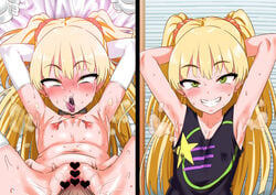 ahe_gao armpits arms_up bed_sheet blonde_hair blush collar erect_nipples female flat_chest fucked_silly green_eyes grin human idolmaster idolmaster_cinderella_girls jougasaki_rika long_hair looking_at_viewer lying male missionary nipple_piercing on_back open_mouth piercing pija_(pianiishimo) pussy scrunchie sex smell smile spread_legs straight sweat thighhighs tied_hair tongue tongue_out twintails