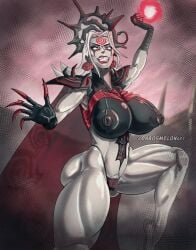 ass breasts bubble_ass bubble_butt chaosmelon evil_grin female grey_skin hela hela_(marvel_rivals) hela_(queen_in_black) huge_breasts magic marvel marvel_rivals muscular muscular_female muscular_thighs nipples possession pubic_hair pubic_hair_peek red_eyes red_lipstick skin_tight smiling symbiote thong useless_clothing white_hair
