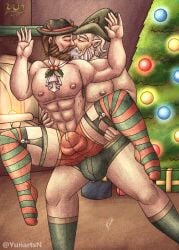 2boys against_glass bara beard brown_hair burke_lapadura christmas gay hat identity_v kissing long_socks male male/male male_only muscular old_man servais_le_roy_(identity_v) socks underwear white_hair yaoi yunartsn