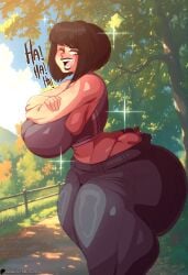 1boy 1girls ass black_hair breasts character_request clothing_entrapment female giantess huge_breasts jeans laugh massive_ass micro okioppai one_eye_closed side_view size_difference tiny