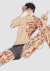 1boy abs after_sex black_hair body_writing cum cum_in_ass cumdrip grey_underwear human kekkai_sensen male male_only simple_background solo steven_a._starphase tattoo underwear