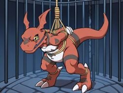 ai_generated angry_face bondage digimon guilmon reptile suspension tied_up