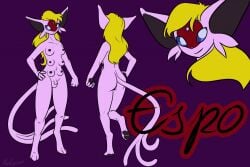 2015 3_toes 4_fingers 6_breasts 6_nipples anthro areola artist_name ass balls barely_visible_genitalia barely_visible_vulva biped black_areola black_inner_ear black_nipples black_pawpads blonde_hair blue_eyes blue_sclera breasts character_name colored digitigrade eeveelution espeon espo_(espeonmasterespo) facial_markings feet fingers flaccid forehead_gem forked_tail front_view futanari gem generation_2_pokemon genitals hair halcy0n hand_on_hip hand_on_own_hip head_markings herm herm_anthro intersex intersex_anthro looking_at_viewer looking_back looking_back_at_viewer markings multi_breast multi_nipple nintendo nipples no_pupils nude nude_anthro nude_herm pawpads penis pokemon pokemon_(species) purple_background purple_body rear_view red_markings signature simple_background smile solo standing tail text toes unusual_anatomy unusual_tail vulva
