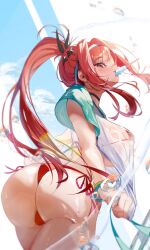 absurdres ass bikini bikini_under_clothes black_ribbon blue_sleeves bracelet breasts curvy female food food_in_mouth food_on_face goddess_of_victory:_nikke hair_intakes hair_ribbon hairband highleg highleg_bikini highres huge_ass huge_breasts ice_cream jewelry long_hair looking_at_viewer looking_back micro_bikini multiple_bracelets ponytail popsicle popsicle_in_mouth rapi_(nikke) rapi_(red_hood)_(nikke) rapi_(red_hood)_(red_flavor)_(nikke) red_bikini red_eyes red_hair ribbon shiny_skin shirt short_sleeves side-tie_bikini_bottom solo swimsuit t-shirt thong thong_bikini white_hairband white_shirt wide_hips yujeuuz