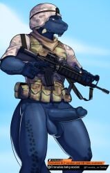 1boy argonian armor balls bethesda_game_studios biped blue clothing erection fingers franubis genitals gun hi_res holding_object holding_ranged_weapon holding_weapon male male_only microsoft military military_uniform muscular muscular_male ranged_weapon scalie skyrim soldier solo standing the_elder_scrolls tristen uniform war warrior weapon