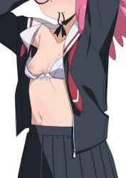 1girls black-framed_eyewear black_shirt black_skirt boku_no_hero_academia breasts collarbone commentary_request facing_viewer female glasses hair_tie_in_mouth haneyama_kazuho head_out_of_frame highres morisobo mouth_hold my_hero_academia navel open_clothes open_shirt perky_breasts pink_hair pleated_skirt pop_step school_uniform serafuku shirt simple_background skirt small_breasts solo stomach twintails unzipped vigilante:_my_hero_academia_illegals white_background zipper