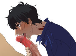 2boys black_hair fellatio hair kekkai_sensen licking male_only multiple_boys oral penis scar size_difference steven_a._starphase sweat tattoo yaoi