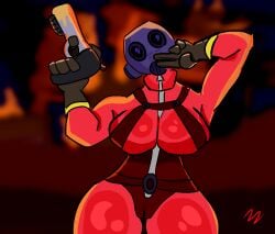 1girls breasts female fire gas_mask gun latex_suit peace_sign pyro_(team_fortress_2) self_upload team_fortress_2 therandombee thighs zipper