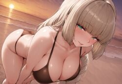 ai_generated bikini bombergirl breasts brown_bikini from_below green huge_breasts large_breasts light_brown_hair long_hair pale-skinned_female pale_skin seductive sepia_belmont smile sunrise