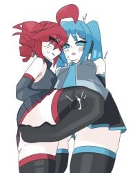 1futa 1girls crypton_future_media cum cumming_through_clothing female futanari hatsune_miku intersex kasane_teto t2e1o1_(artist) thigh_sex utau vocaloid yuri