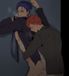 2boys anal cu_chulainn_(fate) emiya_shirou fate/zero fate_(series) human male male_only multiple_boys power_bottom size_difference smirk yaoi