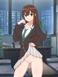 black_hair blush bottomless brown_hair cardigan couch desk female frown green_eyes hair_between_eyes highres idolmaster idolmaster_cinderella_girls necktie office phone plant pleated_skirt pussy school_uniform shibuya_rin skirt skirt_lift solo striped striped_necktie taka_(copyrobot) tissue_box window