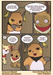 absurd_res brush_(pathwarden) comic dialogue dot_eyes eevee embarrassed embarrassed_female female fennekin generation_1_pokemon generation_6_pokemon hi_res kerchief kerchief_only looking_at_viewer looking_down luna_(pathwarden) milachu92 mostly_nude neckerchief neckerchief_only neckwear nintendo pokemon pokemon_(species) pokemon_mystery_dungeon raichu satchel scuff_marks simple_eyes spike_chunsoft