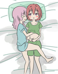 2girls akaza_akari alternate_hairstyle bangs bed blunt_bangs blush breast_grab closed_eyes clothing collarbone cowgirl_position female hair_between_eyes hair_down hand_on_another's_chest hand_on_own_stomach hand_under_clothes hand_under_shirt midriff multiple_girls noe pajamas pink_hair purple_eyes yoshikawa_chinatsu yuri yuru_yuri