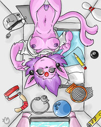 2009 anthro areola bed black_sclera bottomless bowling_ball breasts bubblegum_swirl duckdraw eeveelution espeon female forehead_jewel fur furry half-dressed looking_at_viewer navel nintendo nipples open_mouth original original_character pencil pink_fur pokémon_(species) pokemon pokemon_(species) pubic_hair purple_hair pussy raised_shirt shirt smile solo toaster upside-down white_eyes