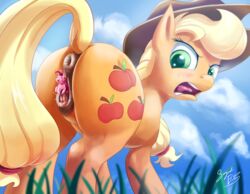 2015 animal_genitalia anus applejack_(mlp) ass blonde_hair blush clitoris closed_eyes cloud colored cowboy_hat cutie_mark dock duo earth_pony english_text equine equine_pussy female feral friendship_is_magic grass green_eyes hair hat hi_res horse long_hair looking_back low-angle_shot mammal micro my_little_pony open_mouth outside pink_hair pinkie_pie_(mlp) pony puffy_anus pussy pussy_juice raised_tail sugahbite text tongue yuri