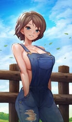1girls bare_shoulders blue_eyes blush breasts brown_hair cleavage cloud curvy denim denim_clothing denim_overalls farm farmer farmgirl female female_only hands_in_pockets highres huge_breasts human kkamja looking_at_viewer mole mole_under_eye naked_overalls no_bra original outdoors overalls parted_lips short_hair sideboob sky slq smile solo standing torn_clothes