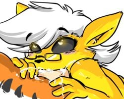 anthro black_sclera blush cum cum_in_mouth cum_inside duckdraw duo eeveelution eyewear fellatio female furry glasses hair jolteon lemon_swirl male nintendo oral original original_character penis pokémon_(species) pokemon pokemon_(species) sex solo_focus straight video_games white_hair yellow_eyes