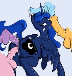 alicorn anal anal_sex animal_genitalia balls blue_background blue_fur blue_hair blush cum cum_on_face cum_on_penis cutie_mark disembodied_penis double_penetration equine female friendship_is_magic fur gangbang glo-in-the-dark group group_sex hair half-closed_eyes horn horse horsecock licking looking_back male mammal my_little_pony nude open_mouth oral penetration penis penis_lick pony princess_luna_(mlp) sex simple_background straight tongue tongue_out twistedscarlett60 unseen_male_face vaginal_penetration vein wings