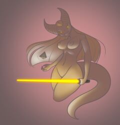 areola breasts brown_scales crossover draako dragon female feretta floating hair lightsaber long_hair looking_at_viewer mis'alia nipples nude orange_eyes purple_background pussy scales simple_background solo star_wars tale_of_tails