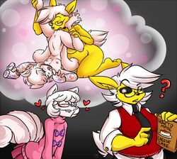 ? anthro biting_lip black_sclera blush book breasts cast chubby closed_eyes clothed clothing cunnilingus duckdraw duo eeveelution eyewear female flat_chested fur furry glasses hair heart jolteon kneeling lemon_swirl lying multiple_tails necktie nintendo nipples nude on_back open_mouth oral original original_character original_characters penetration pokemon pokemon_(species) sex shirt skirt sweater thought_bubble unnamed_character vaginal_penetration vest video_games vulpix white_fur white_hair yellow_fur yuri