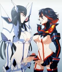 2girls angry angry_futanari artist_request balls balls_in_panties blush breasts censored cleavage clothed clothing duo futa_with_futa futanari hourglass_figure intersex junketsu kill_la_kill kiryuuin_satsuki legwear matoi_ryuuko navel penis penises_touching senketsu sibling siblings simple_background sisters suspenders testicles tomboy voluptuous white_background