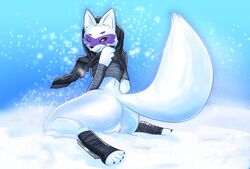 2015 4_toes alopex anthro arctic_fox black_nose canine clothing damnlasso female female_only fox fur looking_back mammal pussy snow solo teenage_mutant_ninja_turtles toes white_fur