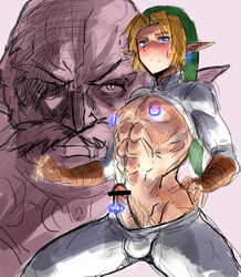 2boys abs balding ball_bulge bar_censor blonde_hair blush breastless_clothes censored earrings erection facial_hair frenum_piercing humanoid link link_(ocarina_of_time) male male_nipples male_only male_pubic_hair mustache nipple_piercing nipple_rings ocarina_of_time penis_out penis_piercing piercing pointless_censoring pointy_ears purple_eyes rauru_(ocarina_of_time) sketch solo_focus the_legend_of_zelda toony turtleneck veiny_penis wide_stance