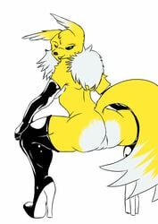 2015 animated anthro ass black_sclera blue_eyes boots breasts canine clothing collaboration digimon elbow_gloves eyelashes female footwear fox furry furry_only gloves high_heel_boots high_heeled_boots high_heels legwear looking_at_viewer looking_back mammal pussy renamon rubber sideboob simple_background smile solo thigh_high_boots twerking white_background yawg