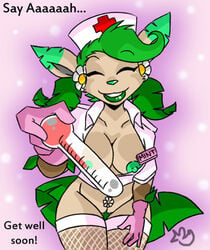 anthro areola bottomless breasts closed_eyes clothed clothing duckdraw eeveelution english_text female female_focus female_only flower furry gloves green_hair green_lips green_nipples green_nose green_pussy hair half-dressed leafeon legwear mint_swirl nintendo nipples nurse nurse_uniform original original_character plant pokemon pokemon_(species) pussy shirt smile solo stockings text thermometer unnamed_character video_games