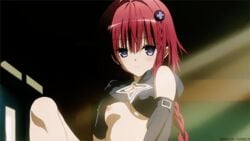 animated blue_eyes braid breasts female fingerless_gloves flashing gloves highres kurosaki_mea nipples no_bra one_breast_out partially_visible_vulva pussy red_hair screencap shirt_lift spread_legs tied_hair to_love-ru to_love-ru_darkness