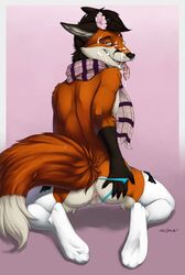 2015 anthro anus ass bow canine clothing cum cum_on_face cuntboy fox intersex legwear looking_at_viewer mammal presenting presenting_anus presenting_hindquarters presenting_pussy pussy scarf solo tekfox thong tongue tongue_out truegrave9 underwear underwear_aside underwear_pull