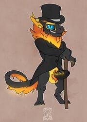 alternate_species balls bottomless cane clothed clothing digitigrade ear_piercing erection front_view glowing grin half-dressed hat humanoid_penis kobold korichi looking_at_viewer male male_only mane penis piercing pose pubes runes sandalf scalie signature solo standing tailcoat top_hat