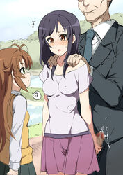 1boy 2girls age_difference blush breasts brown_eyes brown_hair censored clothing cum exhibitionism green_eyes handjob ichijou_hotaru koshigaya_komari long_hair multiple_girls non_non_biyori older_male older_man_and_teenage_girl public shin'ya_(shin'yanchi) skirt stealth stealth_handjob teenage_girl teenager younger_female