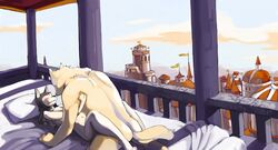 1boy 1girls 2008 anthro back balcony bed bed_sheet black_hair black_nose blush breasts brown_fur building canine city cityscape closed_eyes cloud duo female flag fur grey_fur hair hand_on_back inside larger_male long_hair lying male mammal missionary_position navel nude on_back on_bed pillow romantic sex size_difference sky smaller_female straight sweat tan_fur tasteful vu06 white_fur wolf