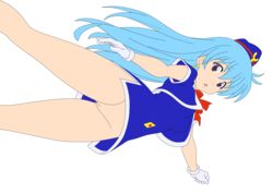 absurdres aqua_hair breasts female female hat highres hips legs legs_crossed long_hair miniskirt no_panties photoshop purple_eyes short_dress simple_background smile solo stewardess tenjouin_katsura thighs vector_trace yat_anshin_uchuu_ryokou