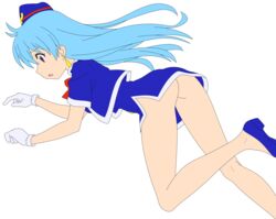 absurdres aqua_hair breasts female hat highres hips legs legs_crossed long_hair miniskirt no_panties photoshop purple_eyes short_dress simple_background smile solo stewardess tenjouin_katsura thighs vector_trace yat_anshin_uchuu_ryokou