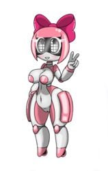 anthro big_breasts bit-small blush bow breasts cute female hair looking_at_viewer machine nipple_pasties pasties pussy robot short_hair simple_background solo wide_hips