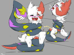 blush cum female feral mrmilky nintendo no_humans open_mouth pokemon pokemon_(species) pussy seviper sex simple_background squeezing sweat tongue tongue_out video_games zangoose