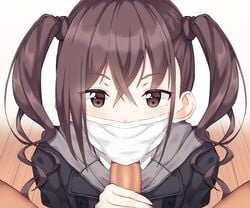 1boy bangs black_jacket brown_hair commentary_request erection eruron eyebrows_visible_through_hair fellatio fellatio_under_mask female hair_between_eyes handjob hood hood_down hooded_jacket idolmaster idolmaster_cinderella_girls jacket long_hair looking_at_viewer mole mole_under_eye oral penis pov solo_focus spread_legs sunazuka_akira surgical_mask twintails wavy_hair wooden_floor