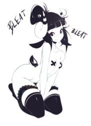 animal_ears bleating female highres hime_cut horns monochrome nipple_tape original ponytail sheep_ears sheep_girl sheep_horns sheep_tail small_breasts solo stickysheep striped striped_legwear thighhighs tied_hair