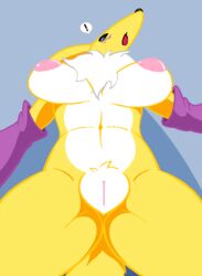 anthro blue_eyes breasts canine clothing digimon female fox fur furry furry_only gloves inverted_nipples lil_scooter56 looking_at_viewer mammal markings nipples renamon solo white_fur yellow_fur