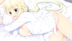 bed blonde_hair blue_eyes breasts bursting_breasts canon_rukusana female game_cg iizuki_tasuku large_breasts long_hair lying panties pink_panties seikishi_melty_lovers shirt solo tagme