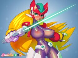 1girls animated areola blonde_hair bodysuit boobella breasts busty cameltoe capcom cleavage female hair headgear helmet large_breasts long_hair mega_man nipples rule_63 see-through standing sword voluptuous weapon zero_(mega_man)